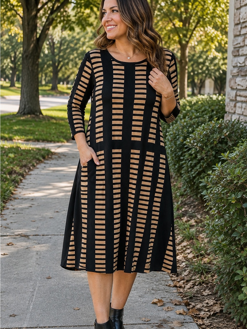 Ashley Stewart Plus Size 22/24W Black Tan Striped Midi Sweater Dress